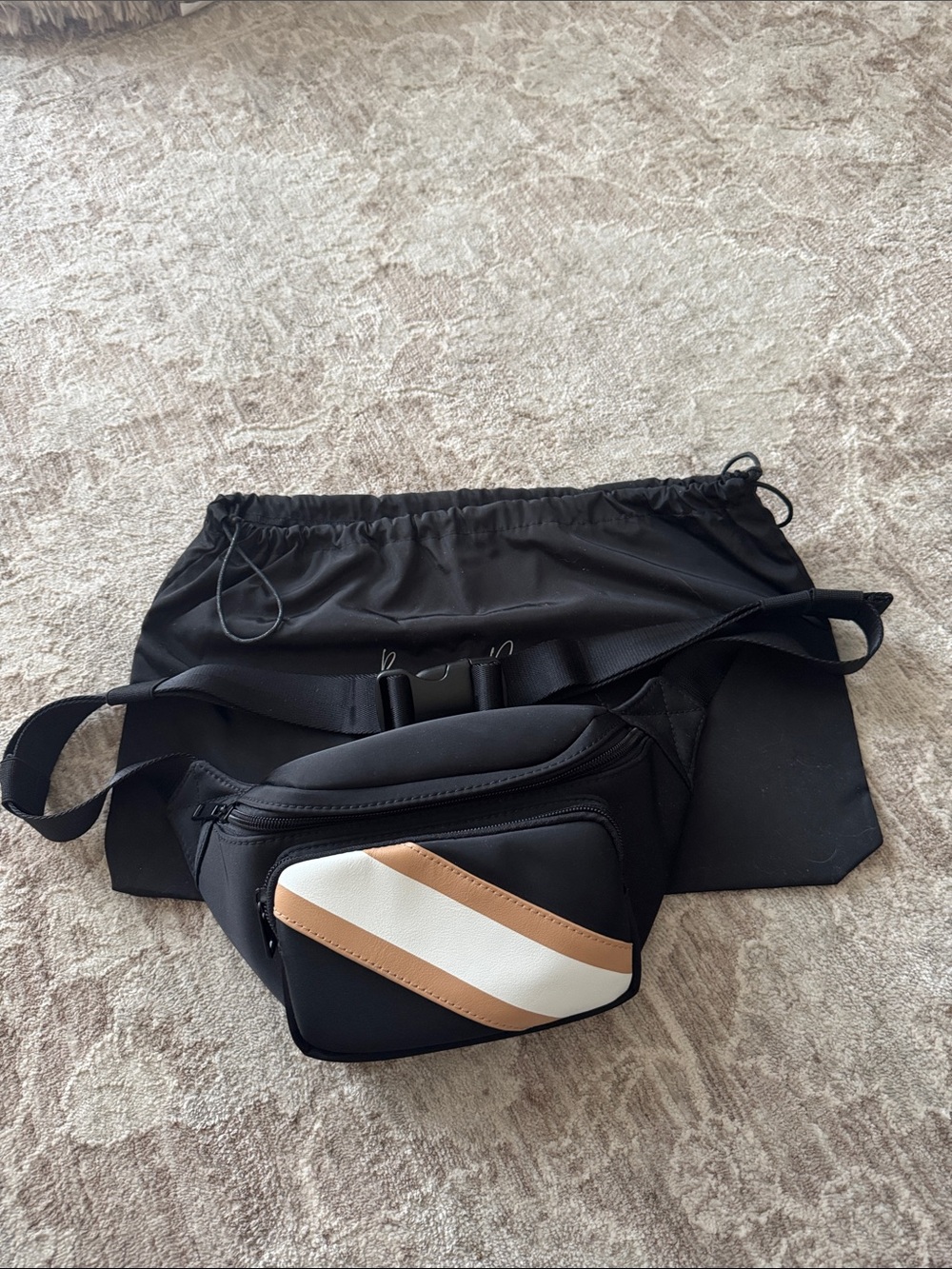 Women’s Black Belt Bag with Tan and White Diagonal Accents